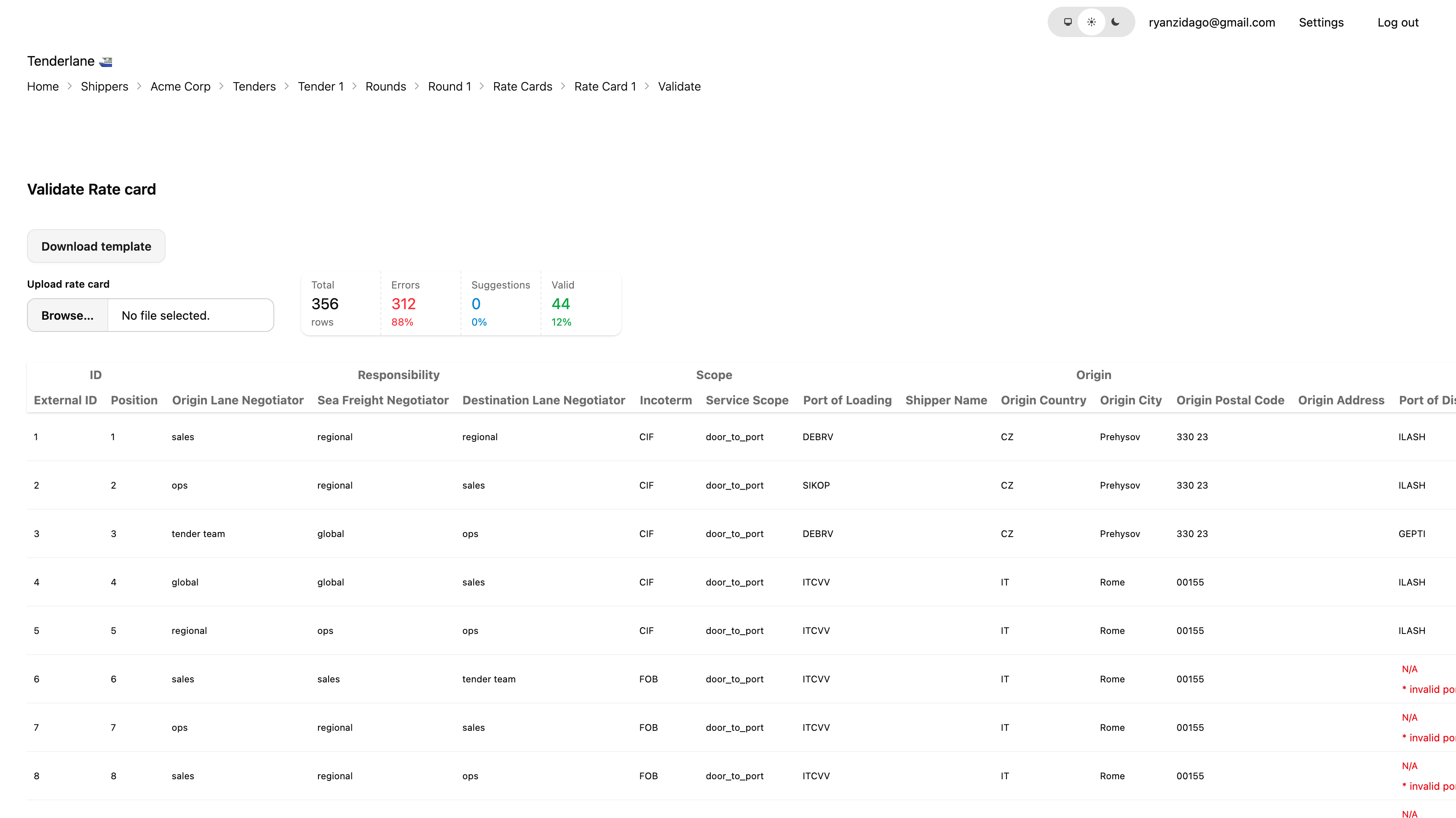 Rate card validation interface